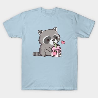 Cute Raccoon Loves Strawberry Milk Doodle T-Shirt